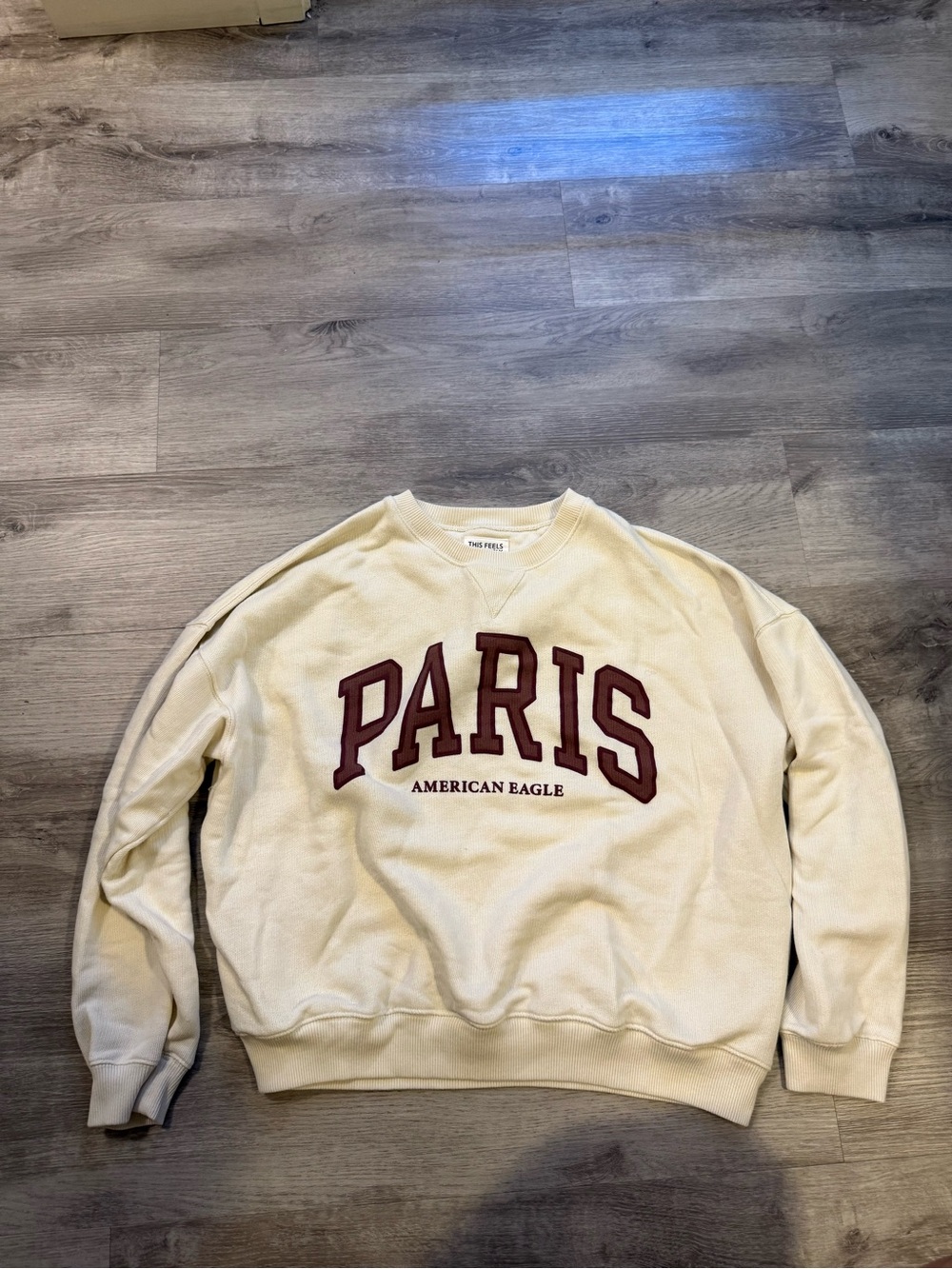 American Eagle Outfitters Cream Crewneck with Maroon PARIS Applique